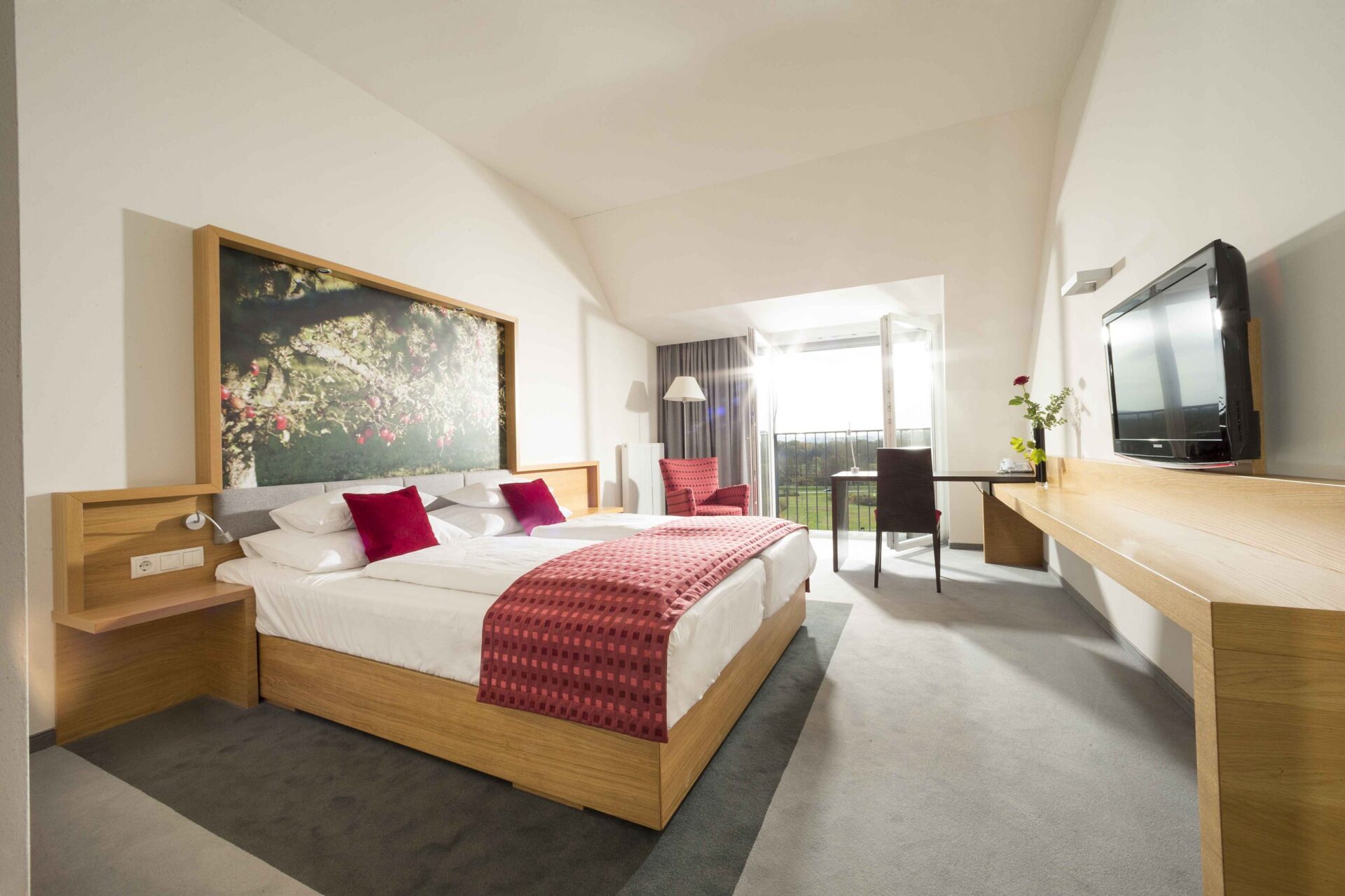 Modernes Designzimmer Naturpark mit Doppelbett, Flachbild-TV und Schreibtisch im Hotel Staribacher.