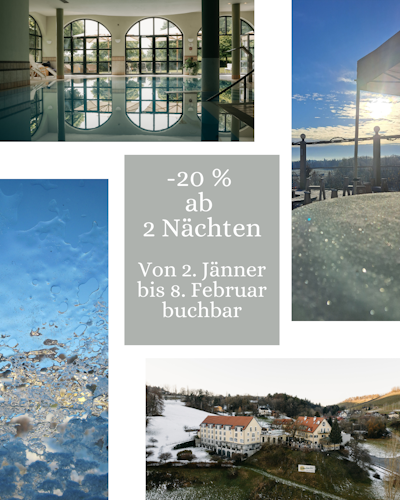 Eine Collage winterlicher Impressionen des Hotel Staribacher in der Südsteiermark: Zu sehen sind das lichtdurchflutete Hallenbad mit Blick ins Grüne, eine verschneite Außenansicht des Hotels in der Hügellandschaft, eine frostige Nahaufnahme von Eisstrukturen und eine sonnige Terrasse. Im Zentrum steht der Text: „-20 % ab 2 Nächten. Von 2. Jänner bis 8. Februar buchbar.“