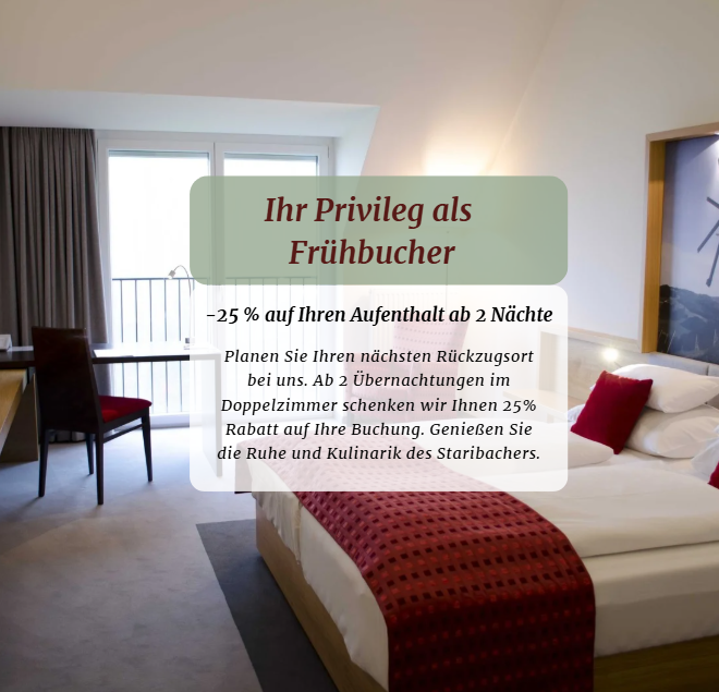 Ein Bild von einem Hotelzimmer mit dem Text für den Frühbucherrabatt