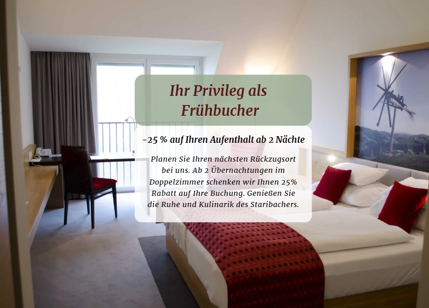 Ein Bild von einem Hotelzimmer mit dem Text für den Frühbucherrabatt