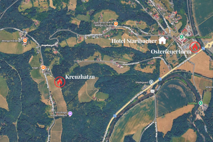 Eine kleiner Ausschnitt von Google Maps wo die nähere Umgebung vom Hotel mit den eingezeichneten Osterveranstaltungen dargestellt wird.