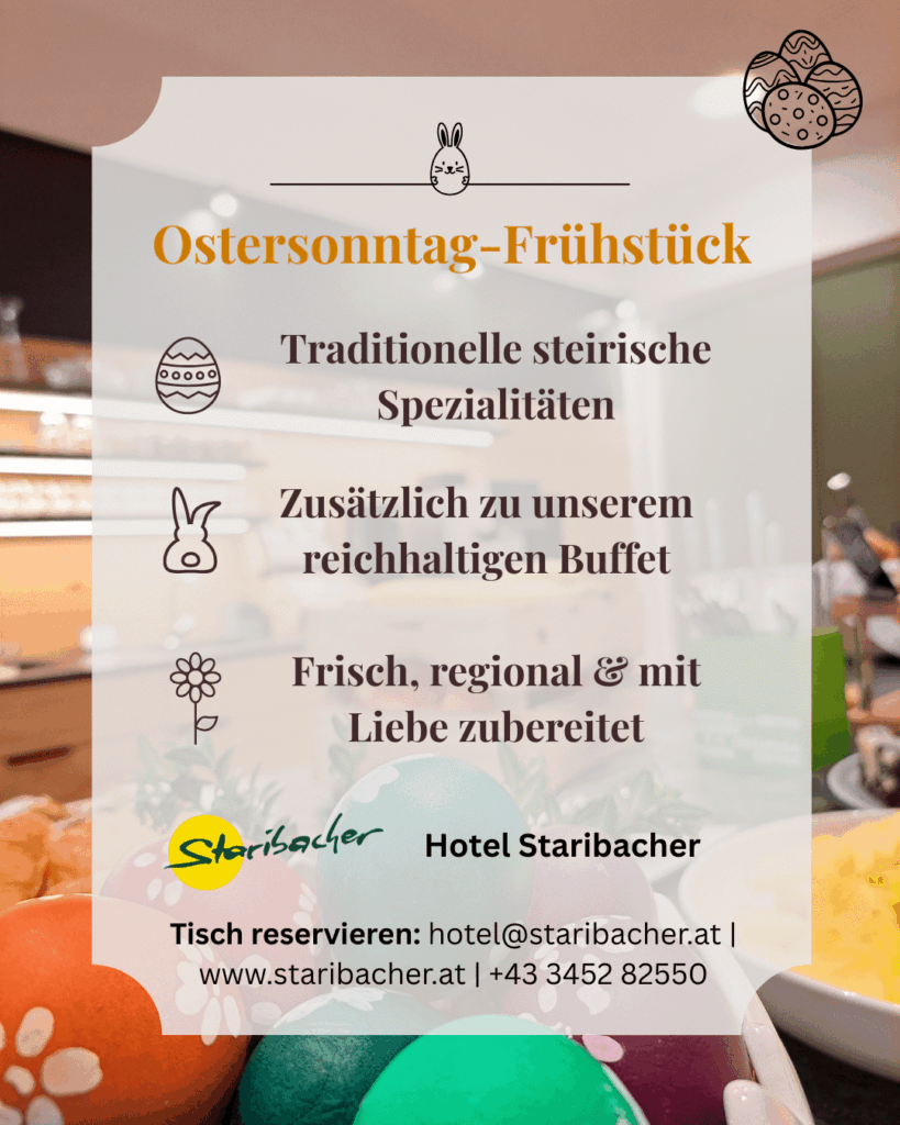 Festlich gedeckter Tisch mit bunten Ostereiern für das traditionelle Osterfrühstück im Hotel Staribacher – regionale Kulinarik und herzliche Atmosphäre in der Südsteiermark.