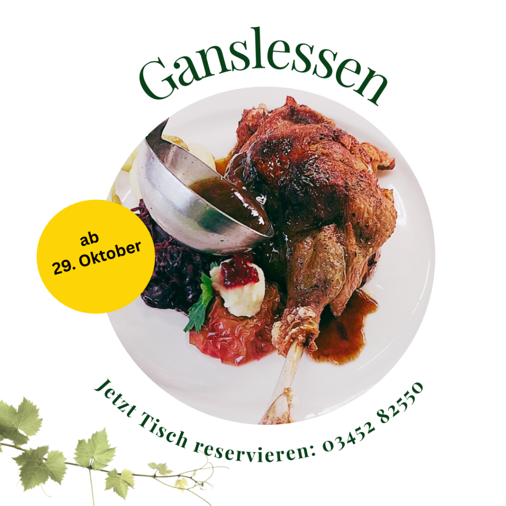 Ganslessen 2026, im Bild sieht man eine knusprig gebratene Gans und dazu Rotkraut und Bratapfel, mit dem Hinweis das wir ab dem 29. Oktober die Gänse bei uns im Hotel Staribacher auf dem Teller haben